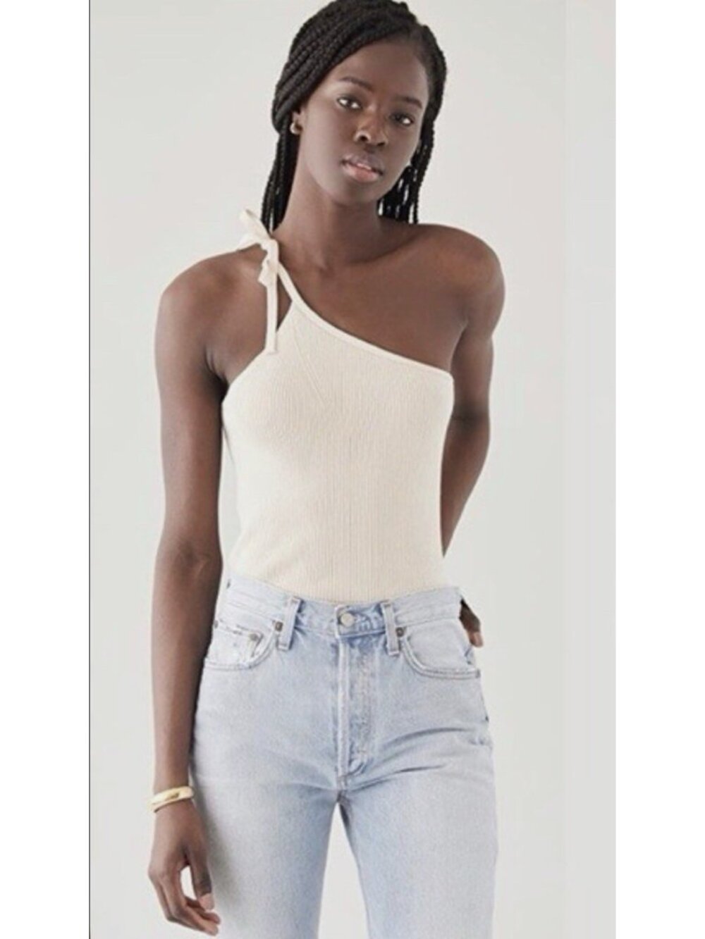 Ba&Sh Wool Blend One-Shoulder Ribbed Knit Top S Ivory Fitted Stretch Minimalist